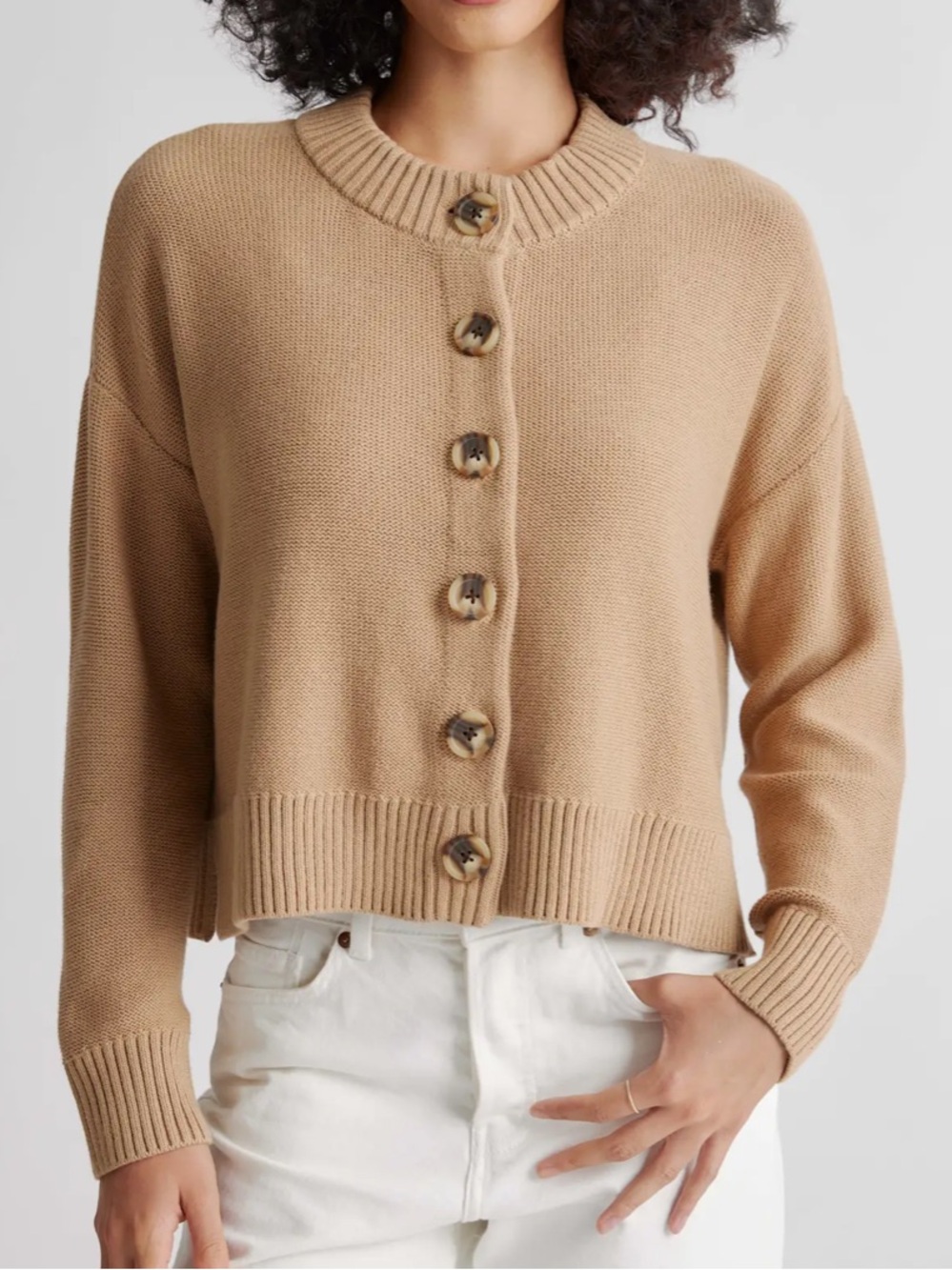 Quince 100% Organic Cotton Cropped Cardigan Sweater Camel - Size Small